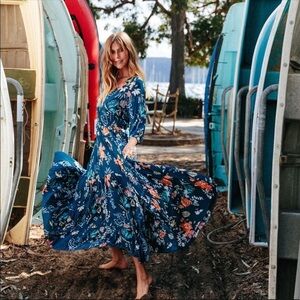 Jaase Mia Maxi Dress In Miak Print Smocked Waist 3/4 Sleeve Blue Size Small